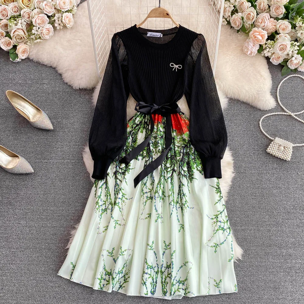 Women Knit Mesh Patchwork Printing Pleated Dress Runway O-Neck Lantern Sleeve Bow Deco Floral Print Lace Up Pleated Vestidos
Women Knit Mesh Patchwork Printing Pleated Dress Runway O-Neck Lantern Sleeve Bow Deco Floral Print Lace Up Pleated Vestidos