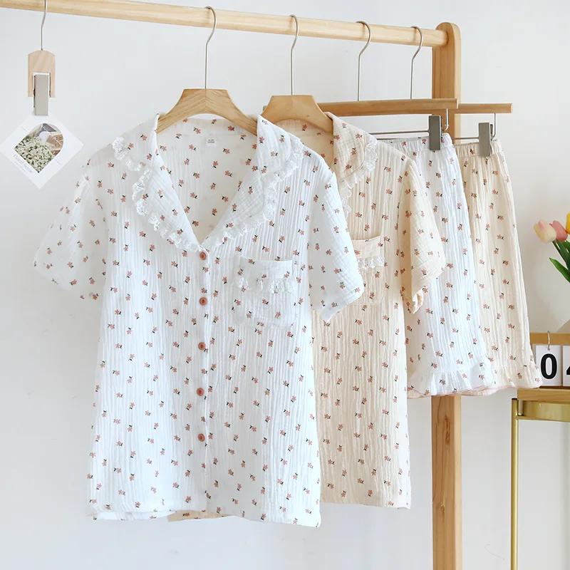 2023 New Summer Women's Short Sleeve Shorts Pajama Set 100% Cotton Thin Crepe Sweet Two Piece Ladies Home Suit Sleepwear
2023 New Summer Women's Short Sleeve Shorts Pajama Set 100% Cotton Thin Crepe Sweet Two Piece Ladies Home Suit Sleepwear