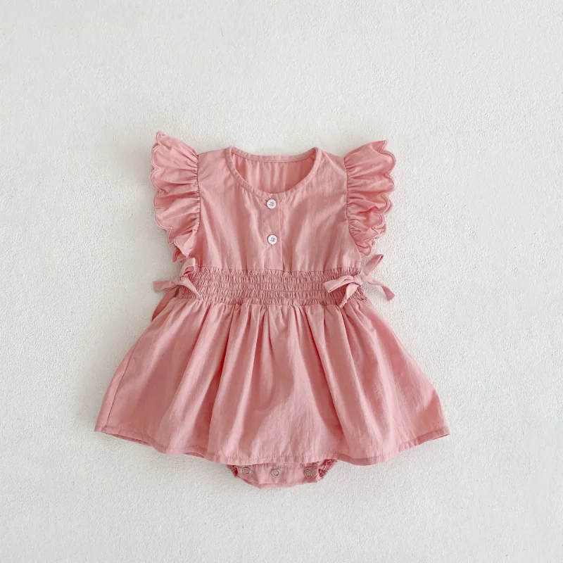 

2023 Summer Baby Clothes Cotton Bodysuit Infants Baby Flying Sleeves Solid Pink Color Romper Dress 0 To 2 Years Newborn Jumpsuit
