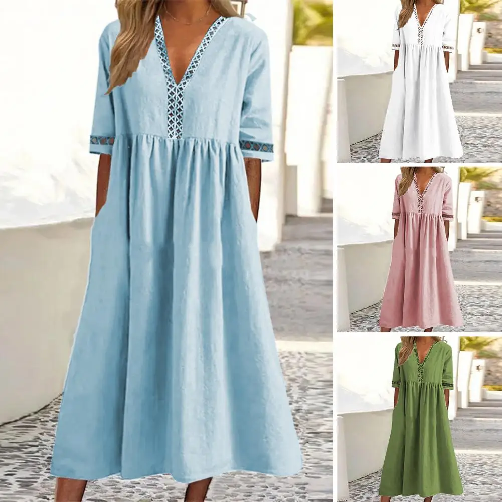 Women Summer Cotton Linen Dress V-neck Short Sleeve Lace Stitching Pleated Pockets Dress-up Casual Loose Hem Ladies Midi Dress
Women Summer Cotton Linen Dress V-neck Short Sleeve Lace Stitching Pleated Pockets Dress-up Casual Loose Hem Ladies Midi Dress