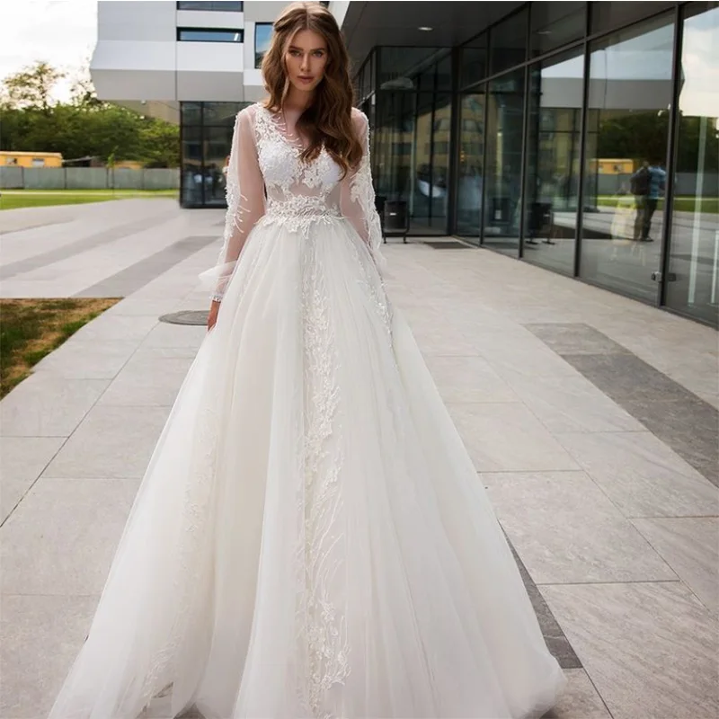 Classic Wedding Dress V-Neck Tulle Exquisite Appliques Long Sleeve Elegant Princess Prom Gown Vestido De Novia For Women
Classic Wedding Dress V-Neck Tulle Exquisite Appliques Long Sleeve Elegant Princess Prom Gown Vestido De Novia For Women