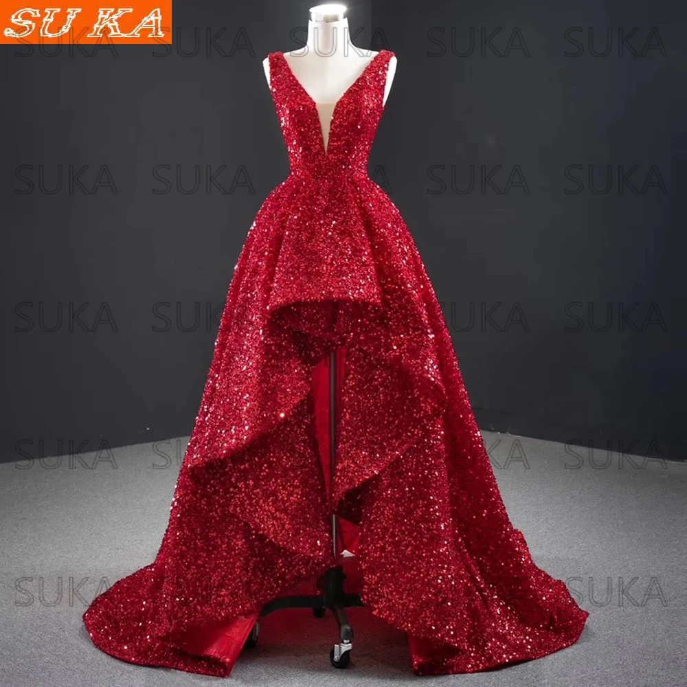 Charming Red Sequins Evening Dresses Elegant High Low Ruffles Formal Women Party Dress Back Lace Up robe de soirée de mariage
Charming Red Sequins Evening Dresses Elegant High Low Ruffles Formal Women Party Dress Back Lace Up robe de soirée de mariage