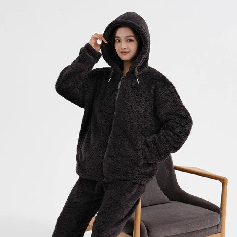 

Suit Autumn Couple Pajamas Zip Hooded Homewear Thickened Cloudy Fleece Padded Comfortable Can Be Worn Outside Warm Winter