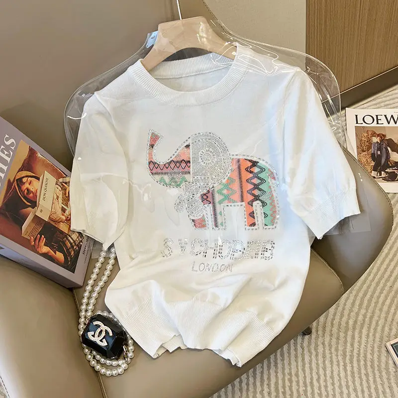 Heavy Industry Rhinestone Embroidery Loose Short Sleeve Top Women's Summer Design Sequin Pullover Ice Silk Sweater t shirt
Heavy Industry Rhinestone Embroidery Loose Short Sleeve Top Women's Summer Design Sequin Pullover Ice Silk Sweater t shirt