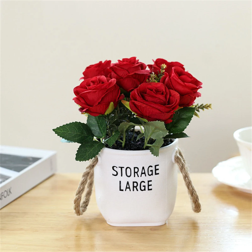 

Artificial Potted Roses with Rope Wall Hanging Simulation Flowers Silk Cloth Rose Bundle Bonsai Desktop Home Garden Decoration