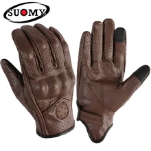 SUOMY Genuine Leather Perforated Motorbike Gloves Men Women Retro Summer Breathable Motorcycle Motocross Racing Street Gloves