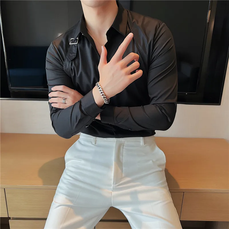 Men Boutique Dress Shirts Strap Decorative New Fashion Male Long Sleeve Slim Fit Business Casual Shirts Social Party Nightclub 4
Men Boutique Dress Shirts Strap Decorative New Fashion Male Long Sleeve Slim Fit Business Casual Shirts Social Party Nightclub 4