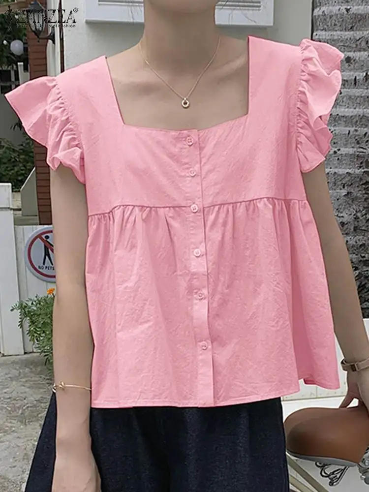 Рубашка ZANZEA Женская плиссированная с рюшами, Повседневная Блузка с квадратным воротником, на пуговицах, с баской, в Корейском стиле, лето 
Рубашка ZANZEA Женская плиссированная с рюшами, Повседневная Блузка с квадратным воротником, на пуговицах, с баской, в Корейском стиле, лето