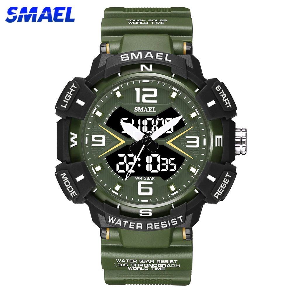 

Часы SMAEL мужские наручные кварцевые, роскошные оригинальные спортивные водонепроницаемые модные цифровые в стиле милитари, с двойным дисплеем и будильником
