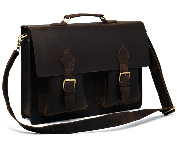 

Vintage Crazy Horse Leather Briefcase Men 14"Laptop Business Bag Messenger Crossbody brown