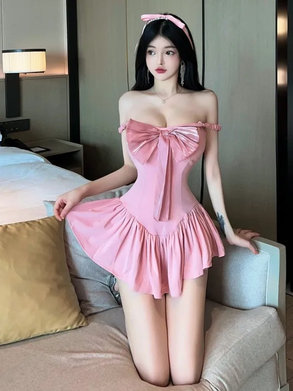 

Sweet Spicy Sexy Big Bow Slim Fit Short Summer Princess Dress Elegant Breast Wrapping Ballet Pink Irregular Temperament 5XTW