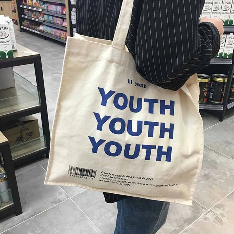 Women Canvas Shopping Bag YOUTH Letters Print Female Shoulder Bag Handbag Tote Reusable Grocery Shopper Bags
Women Canvas Shopping Bag YOUTH Letters Print Female Shoulder Bag Handbag Tote Reusable Grocery Shopper Bags