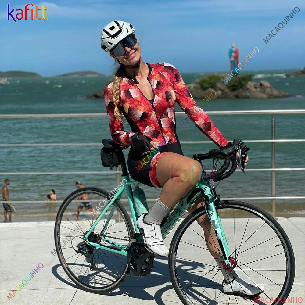 

Kafitt Miticolour Women's Long Sleeve Cycling Triathlon Clothes Skinsuit Sets 20D Pad Macaquinho Ciclismo Feminino Jumpsuit Kits