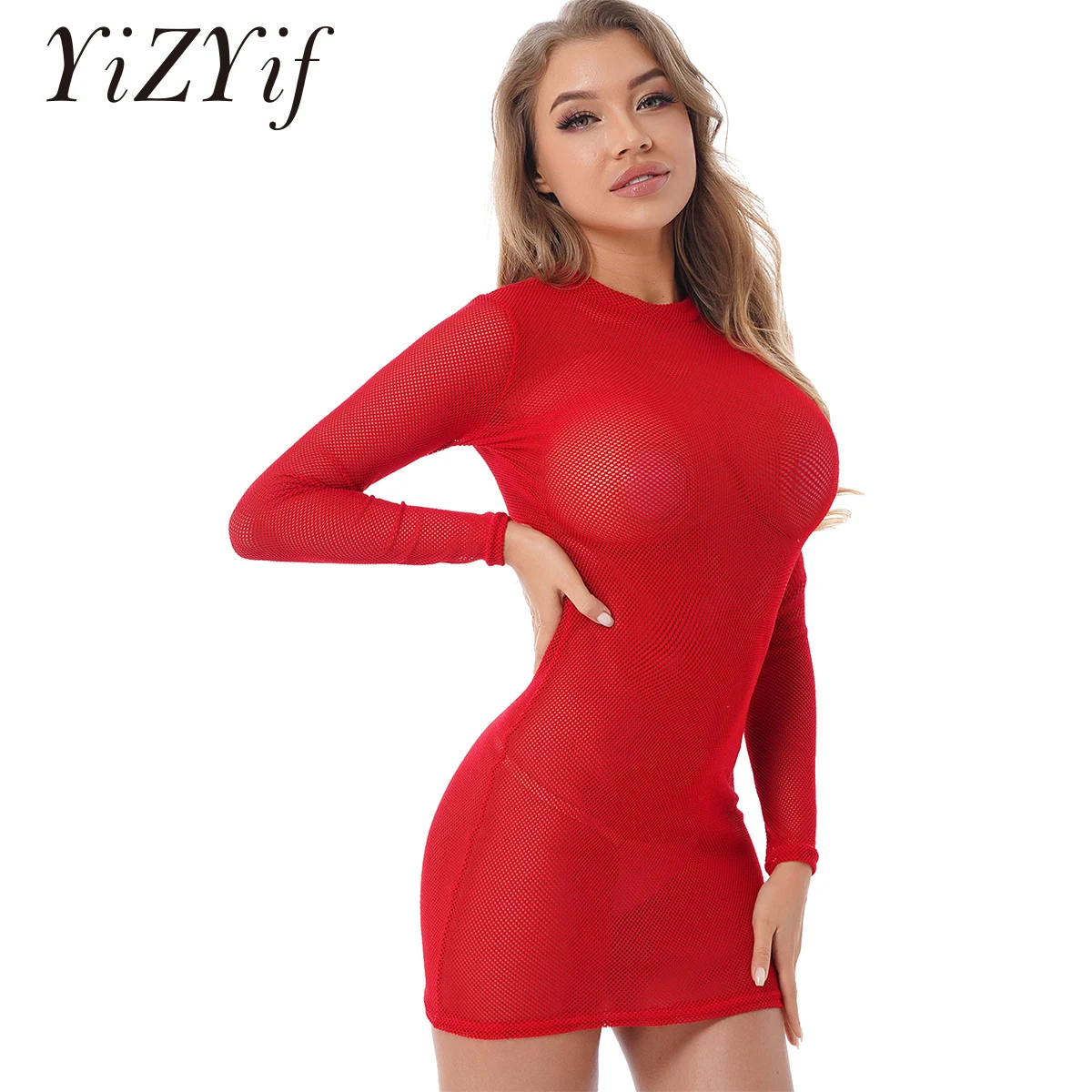 

Lady Women Sexy Bodycon Dresses Fishnet Hollow Out Mesh See-Through Mesh Ruched Bodycon Party Night Clubwear Long Sleeve Dress