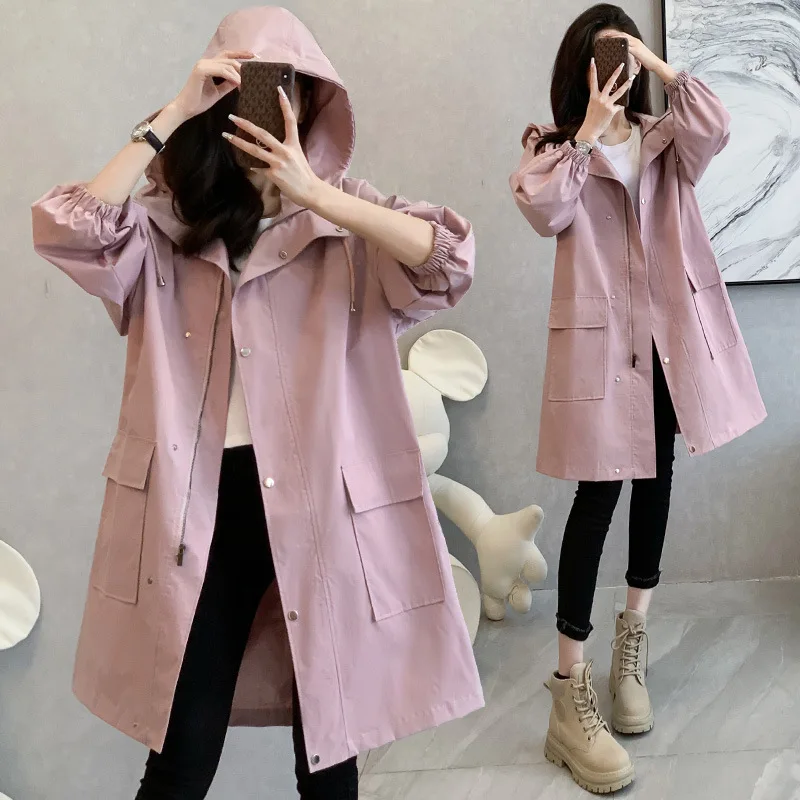 

2023 Spring and Autumn Fashion New Mid Length Hooded Long Sleeve Loose Relaxed British Trench Coat Women's Trend