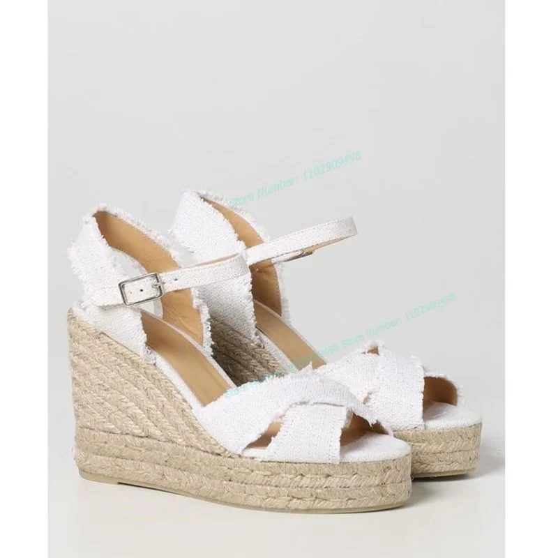 

White Espadrilles Platform Wedges Sandals Back Strap Woven Peep Toe Shoes for Women Cut Heels Shoes 2023 Zapatos Para Mujere