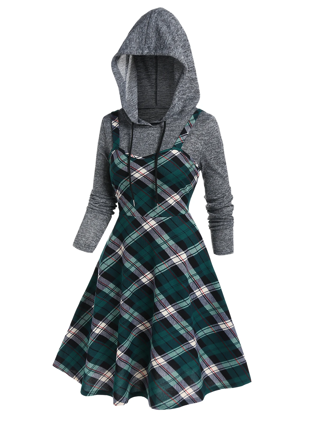 

dressfo Casual Heather Drawstring Long Sleeve Hoodie And Plaid Print High Waisted A Line Mini Dress Two Piece Set