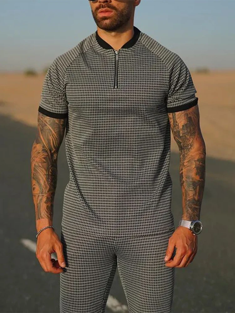 Summer Patchwork Sets New Short Sleeve Zipper T-Shirts And Elastic Shorts Suit Mens Plaid Printed Two Piece Sets Streetwear 2022
Summer Patchwork Sets New Short Sleeve Zipper T-Shirts And Elastic Shorts Suit Mens Plaid Printed Two Piece Sets Streetwear 2022