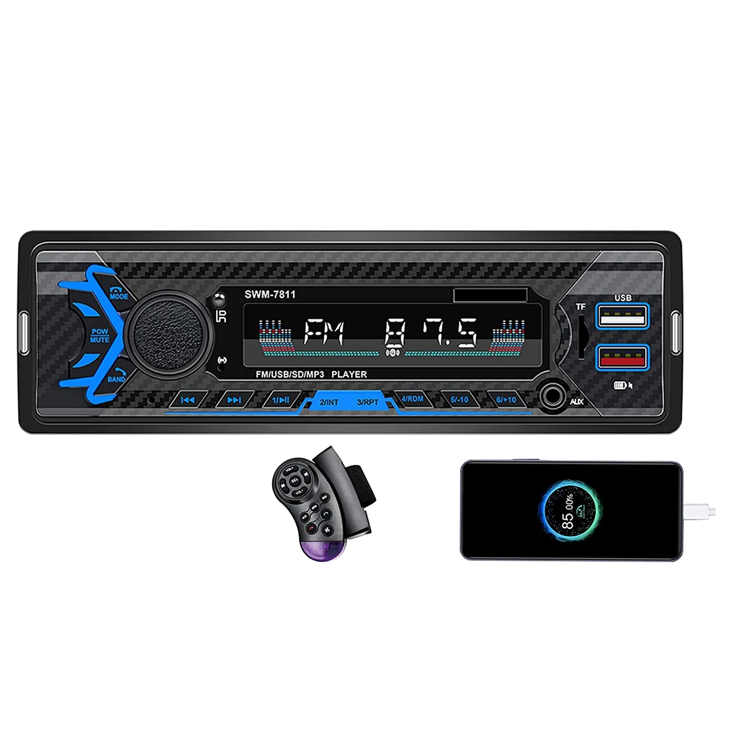 Автомобильная стереосистема с голосовым управлением, FM-радио, Bluetooth, громкой связью, быстрая зарядка через 2 USB, mp3-плеер
Автомобильная стереосистема с голосовым управлением, FM-радио, Bluetooth, громкой связью, быстрая зарядка через 2 USB, mp3-плеер