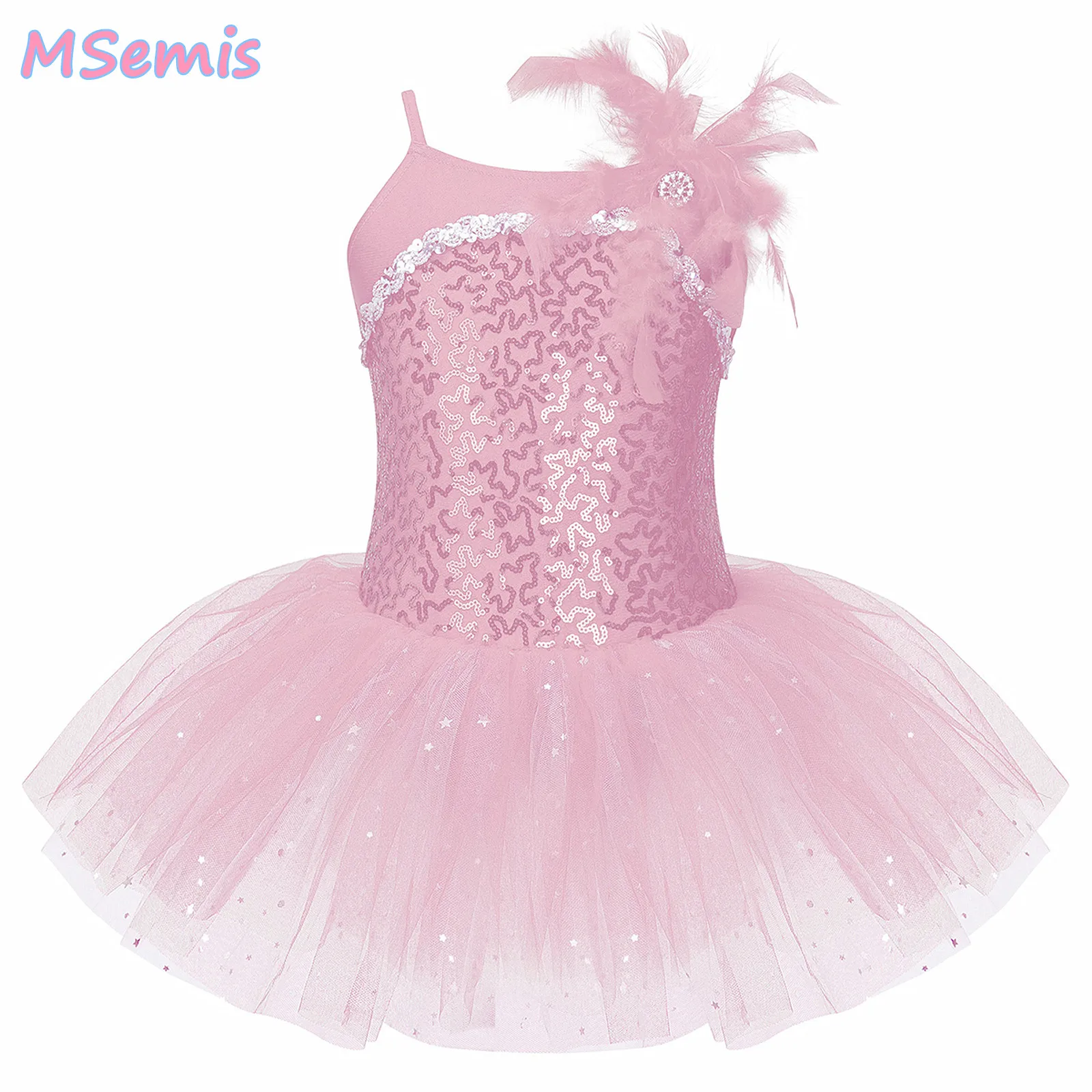 Kids Girls Ballet Dance Dress Shiny Sequins Sleeveless Round Neck Feather Decorated Tutu Mesh Dance Dresses Performance Costumes 
Kids Girls Ballet Dance Dress Shiny Sequins Sleeveless Round Neck Feather Decorated Tutu Mesh Dance Dresses Performance Costumes
