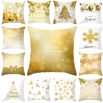 Luxury Golden Christmas Pillowcase Sofa Home Party Decorative Snowflake Deer Xmas Tree Cushion Cover 40/45/50/60cm Pillow Cover