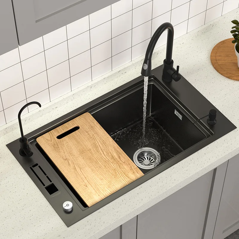 Kitchen black nano stainless steel 304 sink four-hole stepped table-controlled small sink faucet drainer
Kitchen black nano stainless steel 304 sink four-hole stepped table-controlled small sink faucet drainer