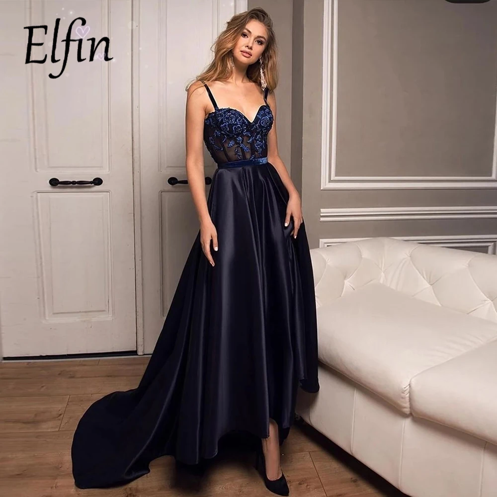 Elfin Navy Blue Evening Dresses High Low Sexy Spaghetti Straps Prom Party Gowns Arabic Elegant Satin Vestidos De Fiesta
Elfin Navy Blue Evening Dresses High Low Sexy Spaghetti Straps Prom Party Gowns Arabic Elegant Satin Vestidos De Fiesta