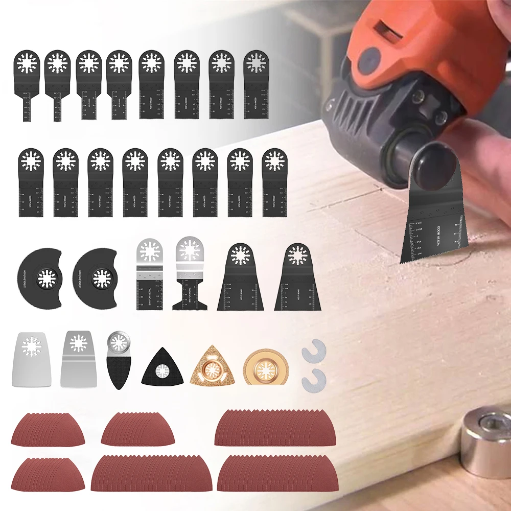 120Pcs Oscillating Multitool Saw Blades Wood Metal Multi Tool Accessories Kit with Cutting Blades Sanding Pads
120Pcs Oscillating Multitool Saw Blades Wood Metal Multi Tool Accessories Kit with Cutting Blades Sanding Pads