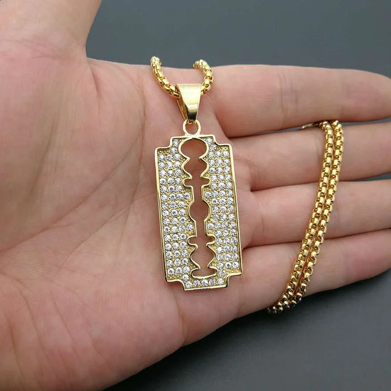 New Trendy Titanium Steel Gold Plated Rhinestones Blade Pendant Necklace Creative Personality Men's Hip Hop Fashion Jewelry
New Trendy Titanium Steel Gold Plated Rhinestones Blade Pendant Necklace Creative Personality Men's Hip Hop Fashion Jewelry