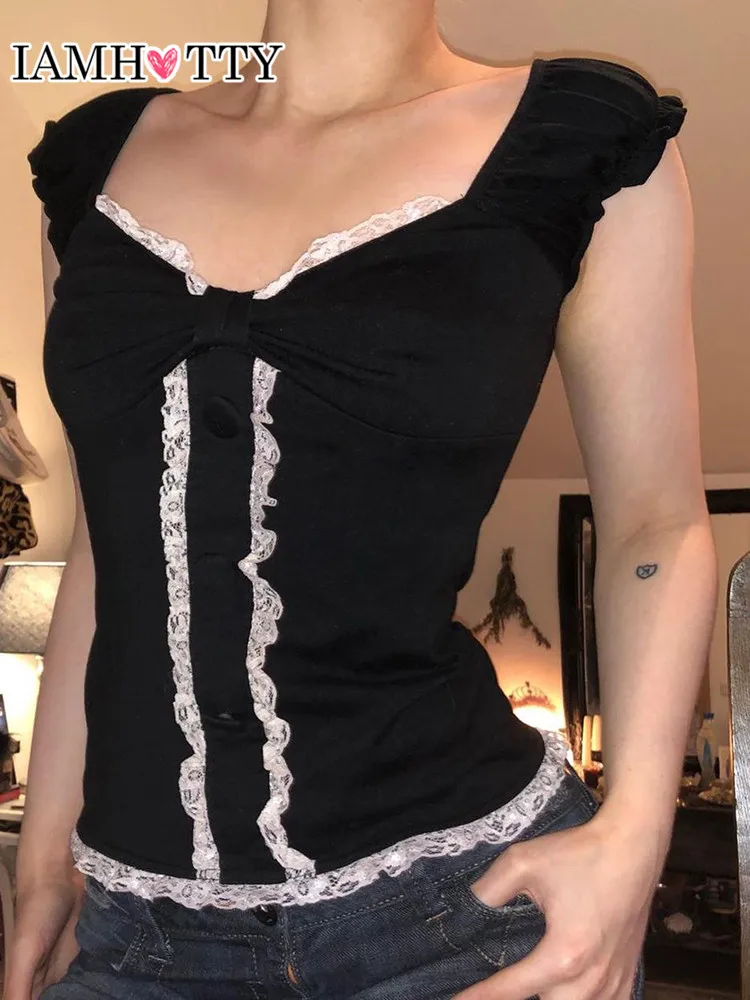 IAMHOTTY Lace Patchwork Crop Top y2k Short Sleeve T-shirt Summer 2022 Fashion Basic Kawaii Clothes Fairycore Grunge Tee Black
IAMHOTTY Lace Patchwork Crop Top y2k Short Sleeve T-shirt Summer 2022 Fashion Basic Kawaii Clothes Fairycore Grunge Tee Black