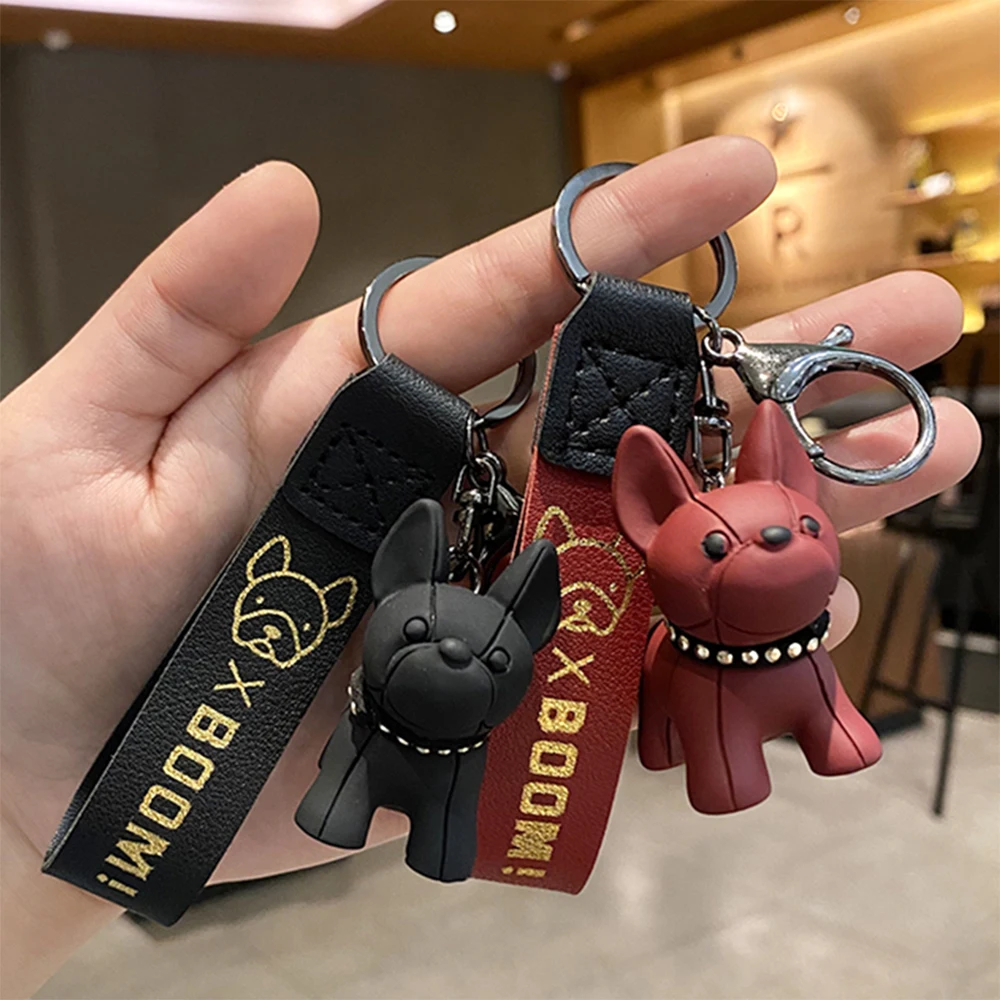 

French Bulldog Keychain Fashion PU Leather Punk Dog Keychains for Women Bag Pendant Jewelry Trinket Men's Car Toy Key Chain Gift