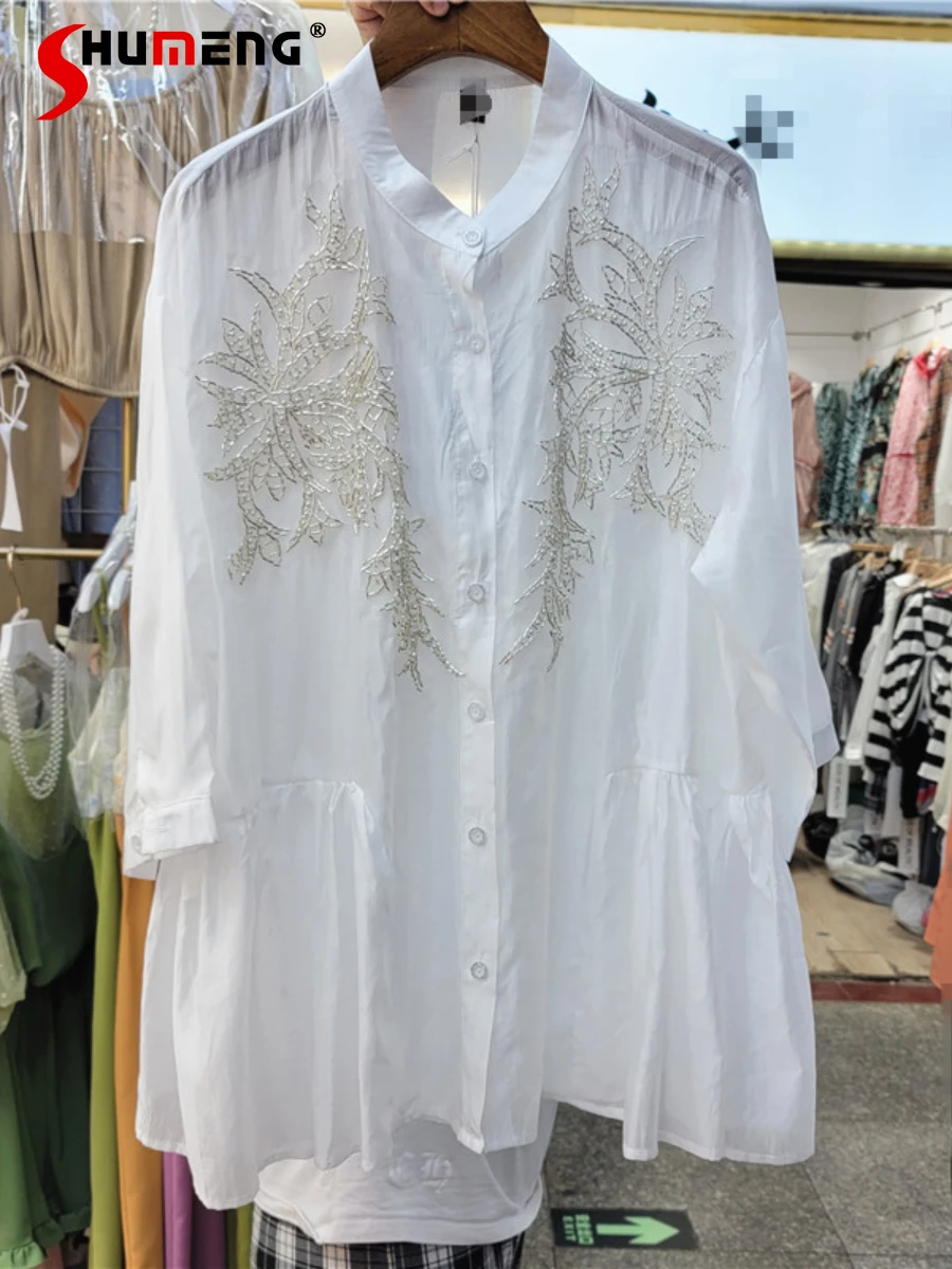 New Female European Stand Collar Simple Beads Loose White Shirt Women's 2022 Summer Fashion Sweet Elegant High Sense Blouses Top
New Female European Stand Collar Simple Beads Loose White Shirt Women's 2022 Summer Fashion Sweet Elegant High Sense Blouses Top