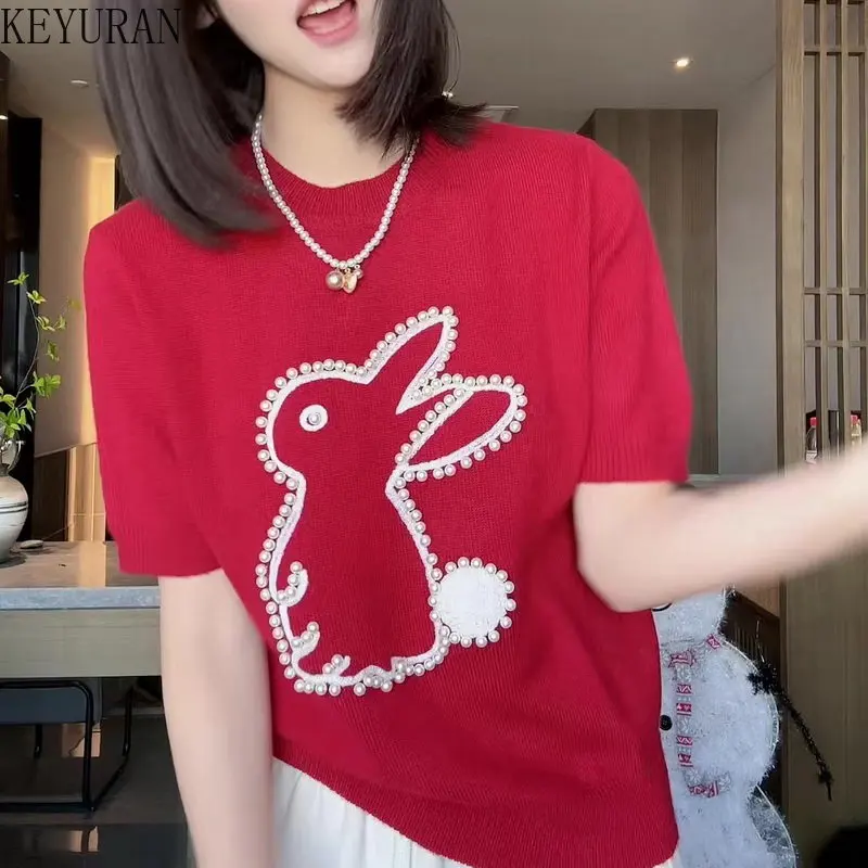 Red Peals Beading Rabbit Short-sleeved Sweater Pullovers Women O-Neck Spring Summer Clothes 2023 New Vintage Knitwear Top Jumper
Red Peals Beading Rabbit Short-sleeved Sweater Pullovers Women O-Neck Spring Summer Clothes 2023 New Vintage Knitwear Top Jumper