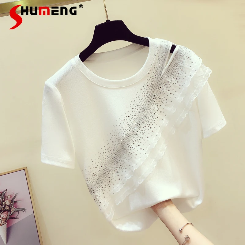 Hot Drilling Ruffled Patchwork Short-Sleeved T-shirt Women's Top 2022 Summer New Clothes Fashion Sexy Off-Shoulder White Tshirt
Hot Drilling Ruffled Patchwork Short-Sleeved T-shirt Women's Top 2022 Summer New Clothes Fashion Sexy Off-Shoulder White Tshirt