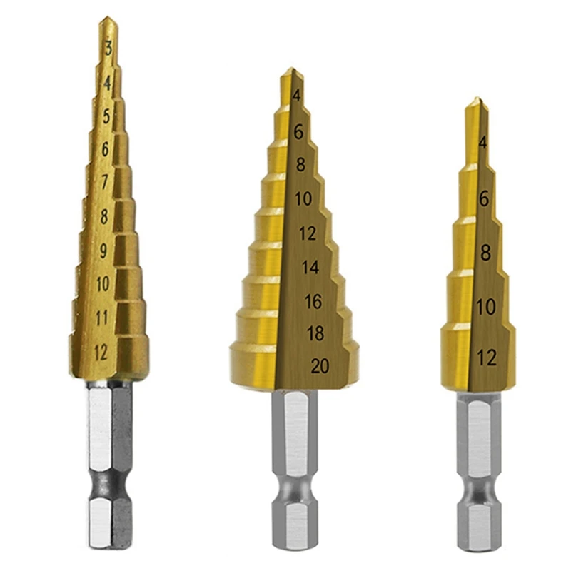 Step Drill Bit 3Pcs Hss Step Drill Bit Set Cone Hole Cutter Taper Metric Nitriding Hex Core Drill Bits
Step Drill Bit 3Pcs Hss Step Drill Bit Set Cone Hole Cutter Taper Metric Nitriding Hex Core Drill Bits