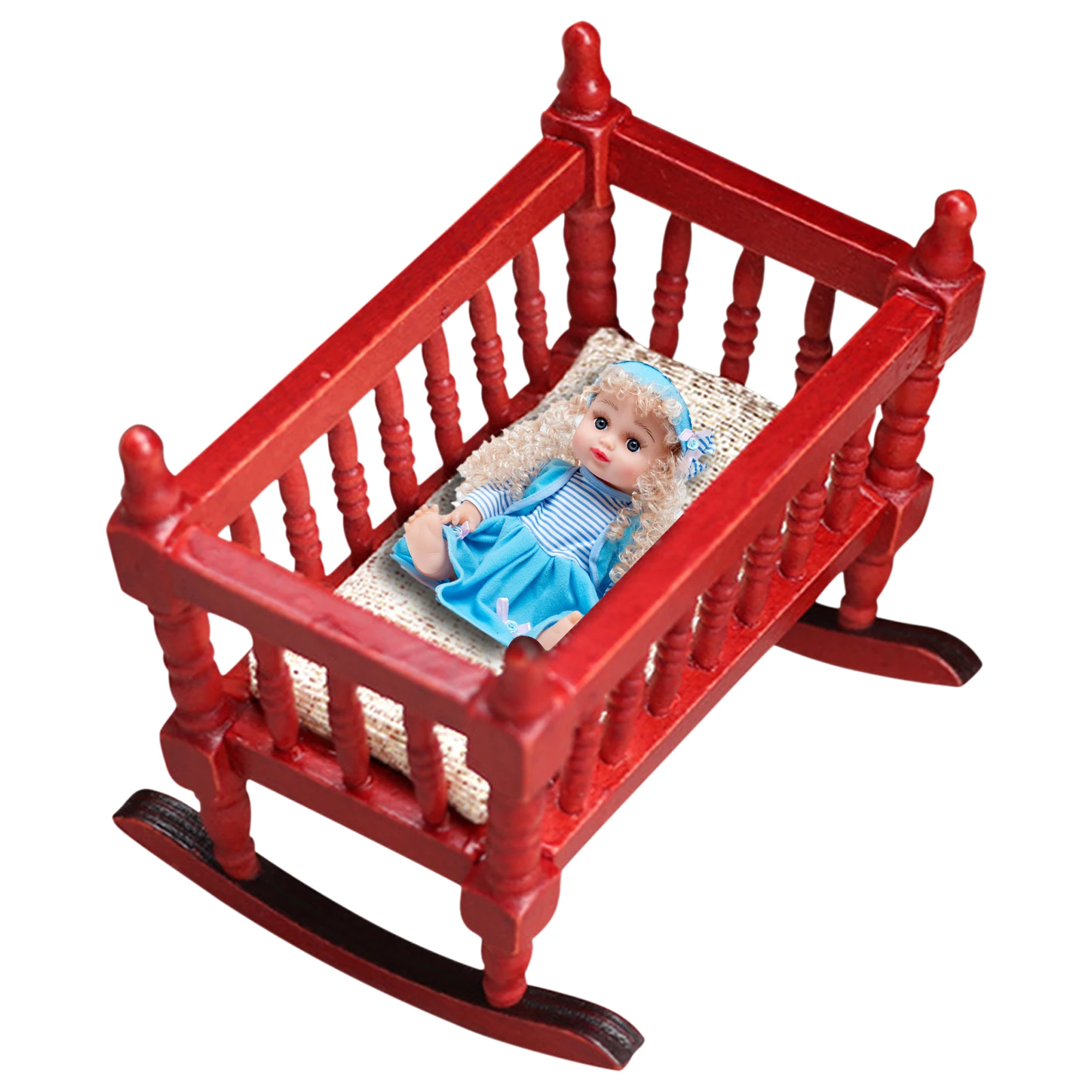 

Doll House Mini Cradle Furniture Red Painted Wooden Baby Bassinet Classical Furniture Dollhouse Accessory Kids Gifts