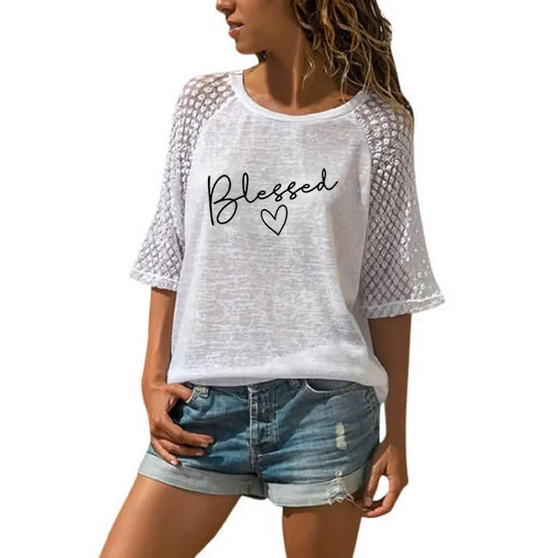 2022 Summer Blessed Print Lace Crew Neck Sexy Sleeve Casual T-Shirt Fashion Female Leisure TShirt For Women 3xl 5XL T Shi
2022 Summer Blessed Print Lace Crew Neck Sexy Sleeve Casual T-Shirt Fashion Female Leisure TShirt For Women 3xl 5XL T Shi