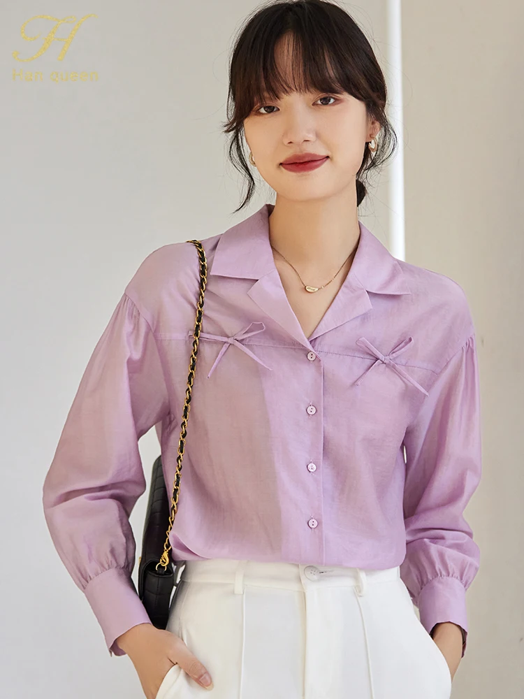 

Осенние блузки H Han Queen, Простая Офисная женская шифоновая блузка, женские рубашки, повседневные топы, корейские офисные свободные блузки с длинным рукавом для женщин