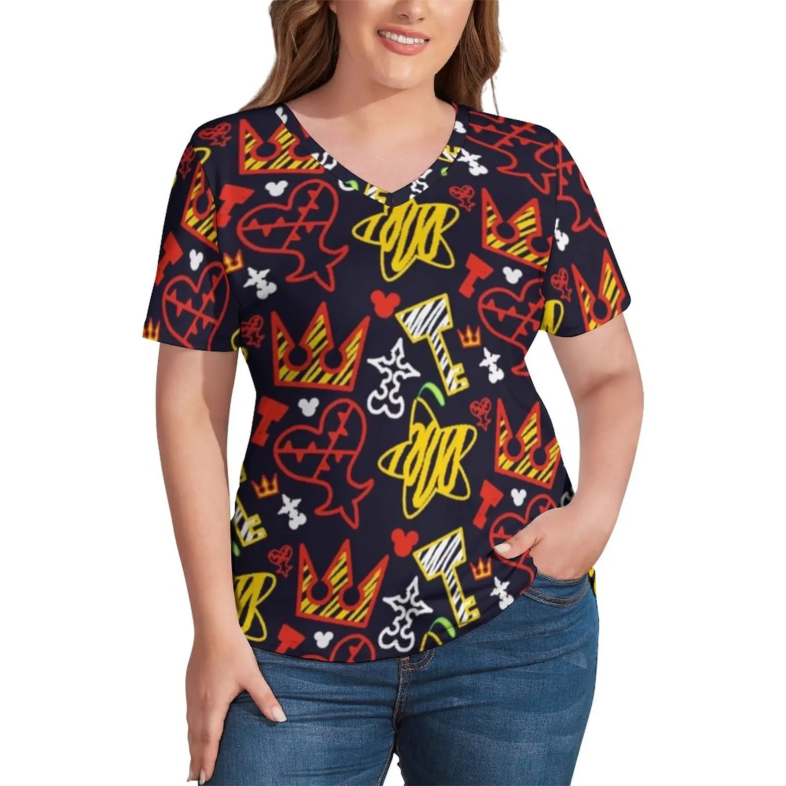Kingdom Hearts T-Shirt Plus Size Red Heart Print Retro T Shirts Short Sleeve V Neck Simple Tshirt Womens Summer Graphic Tops
Kingdom Hearts T-Shirt Plus Size Red Heart Print Retro T Shirts Short Sleeve V Neck Simple Tshirt Womens Summer Graphic Tops