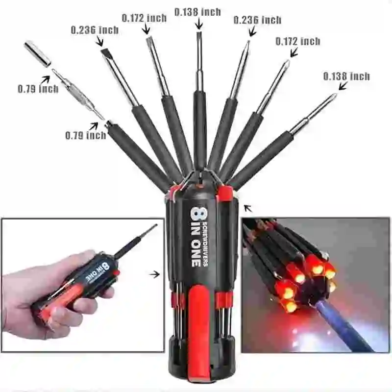 8 in 1 screwdriver portable multifunction with LED light 8 Screwdrivers in 1 Tool Worklight Flashlight Screwdrivers tool set
8 in 1 screwdriver portable multifunction with LED light 8 Screwdrivers in 1 Tool Worklight Flashlight Screwdrivers tool set