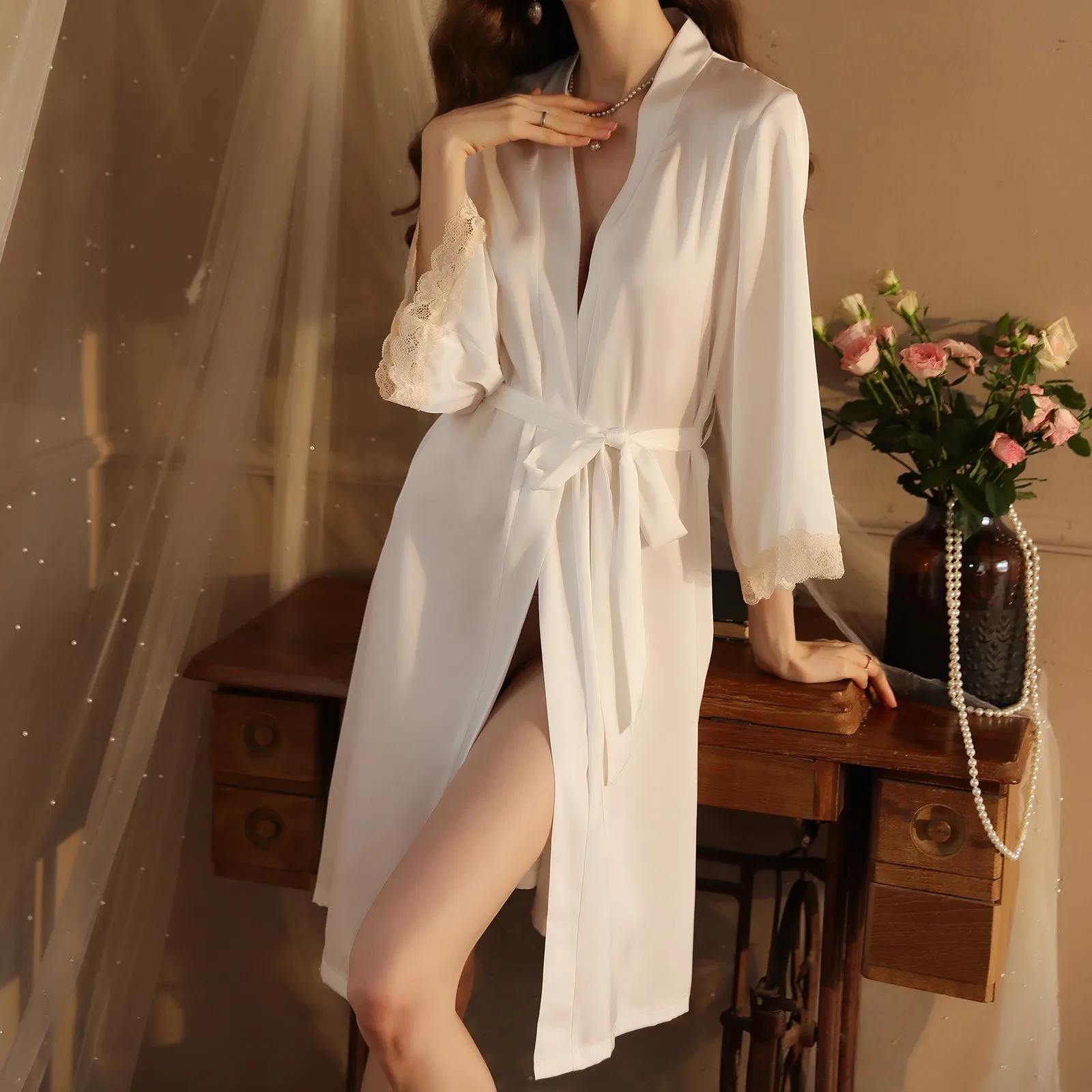 

Pure Color Robe Woman Night Sexy Sleepwear Ladies Silk Satin Sleep Robe Long Sleeve Simplicity Female Bathrobe