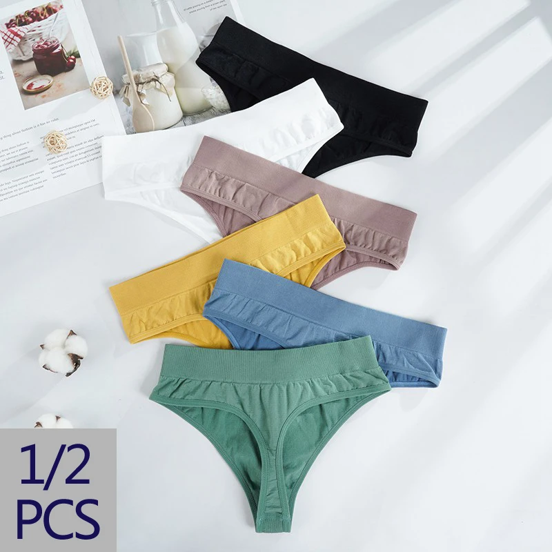 

1/2 PCS Women Cotton Pantys Sexy Rib Thongs High Waisted G-String Underpants Female Solid Sexy Comfort Lingerie Intimate Panties