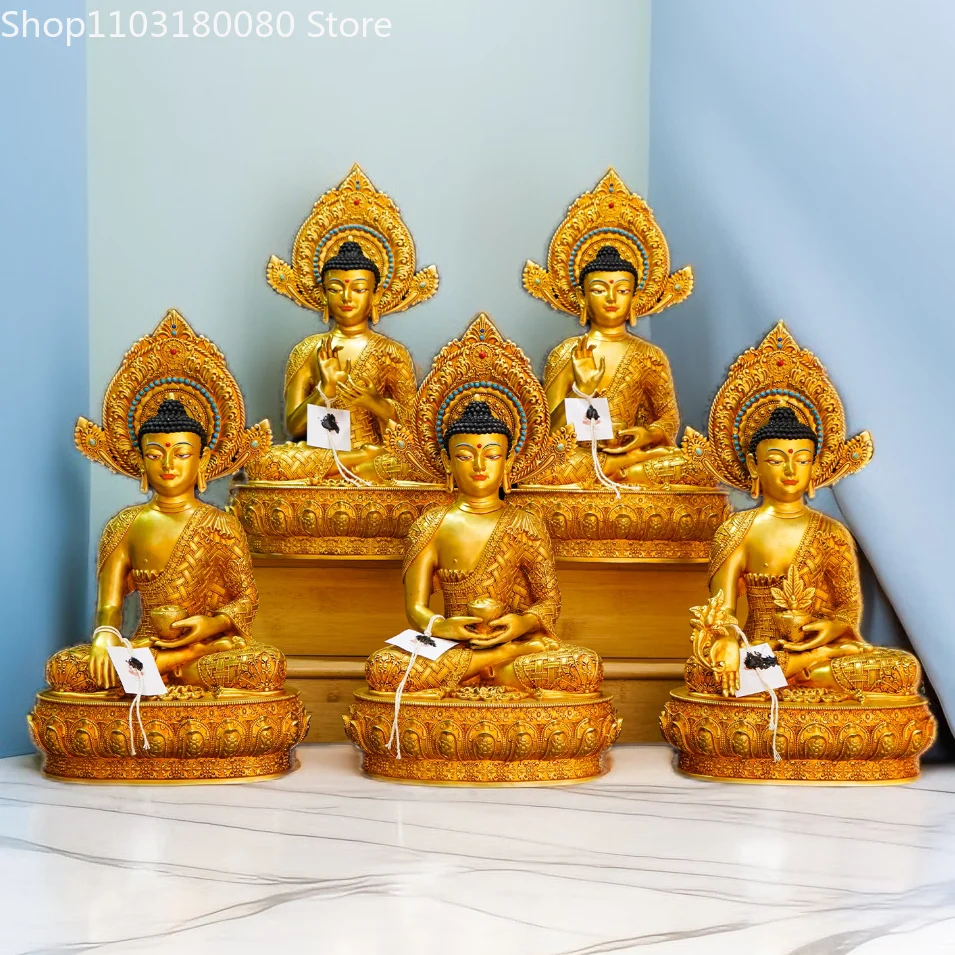 Медная позолоченная резная статуя 5 dhyani buddhas Тибет амитха ваирокана амагидхи
