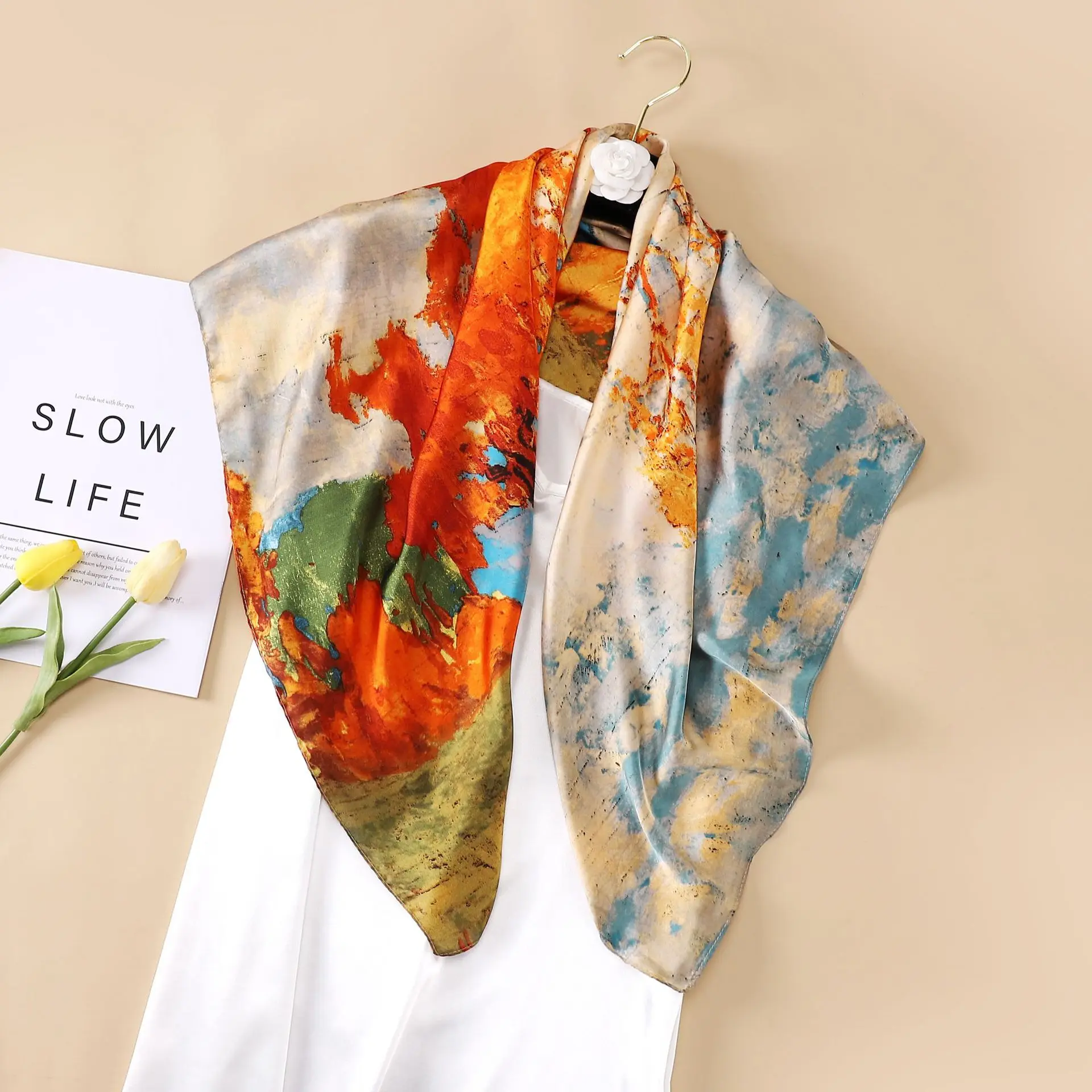 New square scarf 90CM imitation silk large square scarf landscape painting temperament ladies silk scarf with head wrap scarf
New square scarf 90CM imitation silk large square scarf landscape painting temperament ladies silk scarf with head wrap scarf