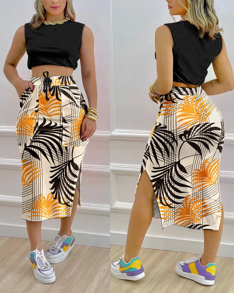 Spring 2022 Women's New Women's 2-piece Cut Vest and Tropical Printed Split Drawstring Skirt Set
Spring 2022 Women's New Women's 2-piece Cut Vest and Tropical Printed Split Drawstring Skirt Set
