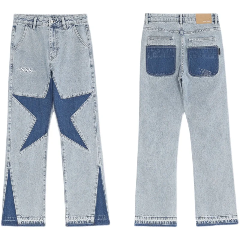 Stars Patch Design Men Jeans Hip Hop Splicing Straight Flare Mens Retro Washed Ripped Oversized Casual Tassel Denim Trousers
Stars Patch Design Men Jeans Hip Hop Splicing Straight Flare Mens Retro Washed Ripped Oversized Casual Tassel Denim Trousers