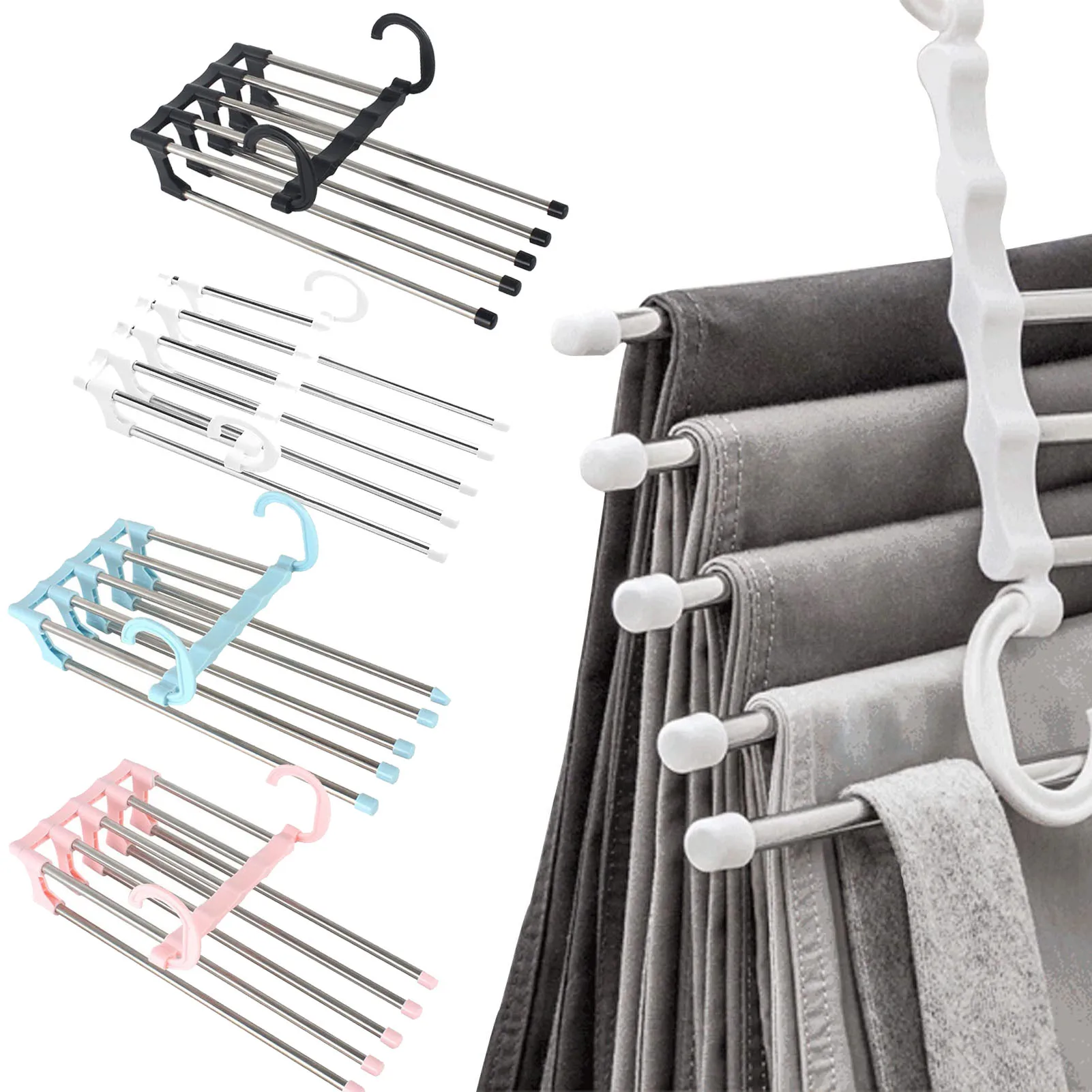 

5 In1 Save Space Pants Hanger Collapsible Towel Tie Hook Multi-functional Clothes Trouser Rack Wardrobe Closet Organizer Storage