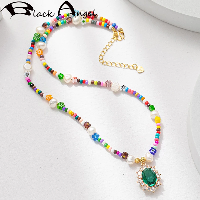 BLACK ANGEL Natural Freshwater Pearl Necklace with Green Zircon Pendant Fashion Bohemian Style Jewelry Colorful Beads Girl Gift
BLACK ANGEL Natural Freshwater Pearl Necklace with Green Zircon Pendant Fashion Bohemian Style Jewelry Colorful Beads Girl Gift