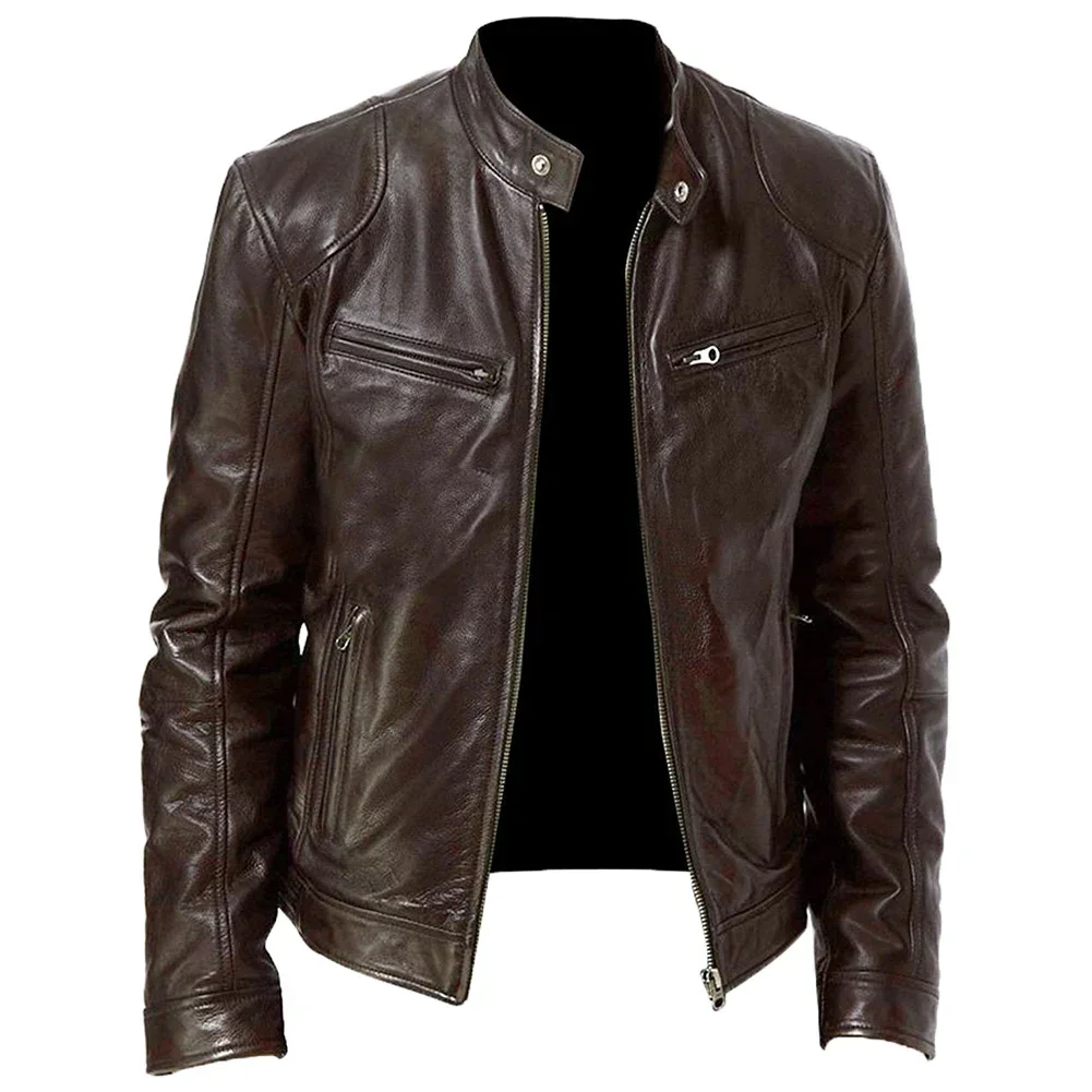

Мужская мотоциклетная куртка, облегающее короткое пальто из искусственной кожи с воротником, ветрозащитное кожаное пальто на молнии и со стоячим воротником, Осень-зима