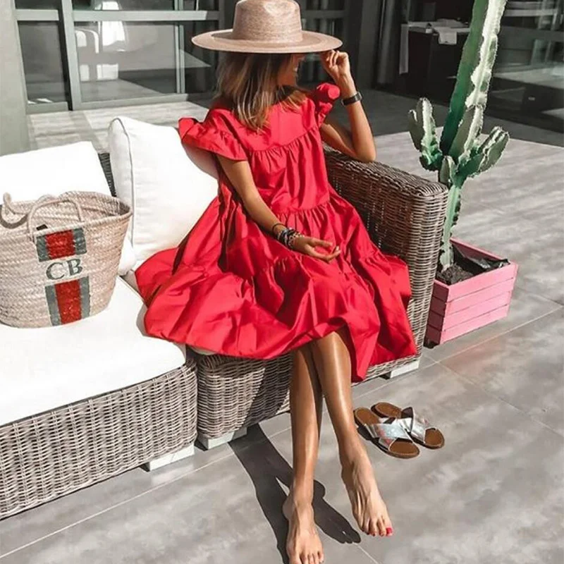 Patchwork Dress Woen Suer Retro Flounced Pleated Dress Feale Beach Butterfly Sleeve Solid Loose idi Dress Vestidos
Patchwork Dress Woen Suer Retro Flounced Pleated Dress Feale Beach Butterfly Sleeve Solid Loose idi Dress Vestidos